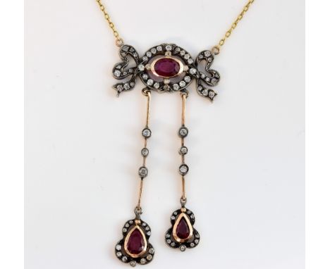  Antique Russian ruby and diamond negligee pendant necklace, set with central ruby within diamond set openwork and two rubies