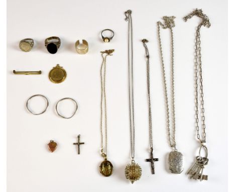 Collection of mainly silver jewellery, including intaglio ring, size T, rectangular locket and chain, hedgehog pendant, key p