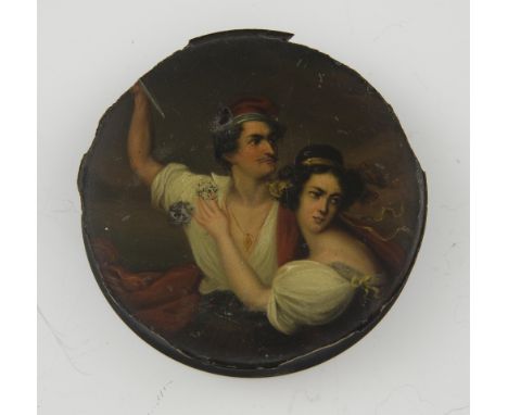 19th century Continental papier mache black lacquered snuff box, the cover with a man brandishing a spear and protecting a la