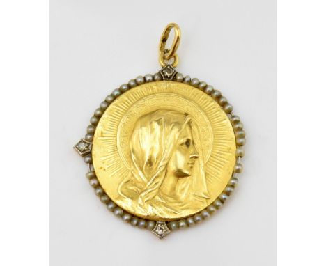 Gold medal with depiction of the Madonna, with three old cut diamonds and pearl boarder, reverse engraved 'E.E. SLACK No 18 T