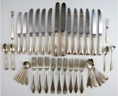 Three table forks stamped 925, possibly American and three matching dessert forks, 6 matching sauce ladles, and a pickle fork