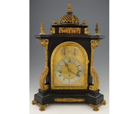 Early 19th Century ebonised three train fusee bracket clock, the case with gilt metal mounts, gilt metal dial with silvered c