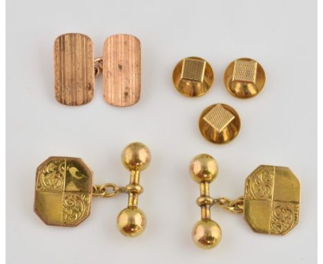 Edwardian gold cufflinks, with chain and t-bar fixings, three engine turned dress studs, hallmarked Chester 1938 and one sing