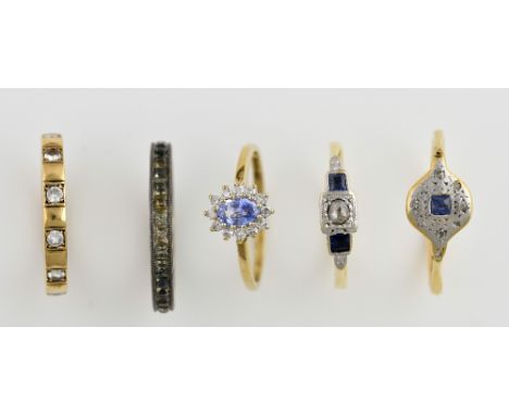 Five Edwardian rings, two set with sapphire and small diamonds, mounted in 18ct, one sapphire and diamond cluster ring set in