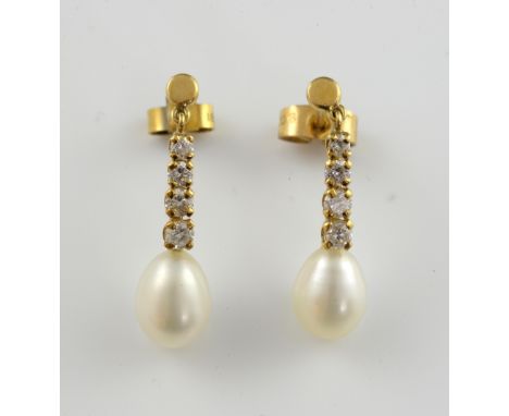 Diamond and pearl drop earrings,each with a row of graduated brilliant cut diamonds and pear form pearl, 7 mm, total diamond 