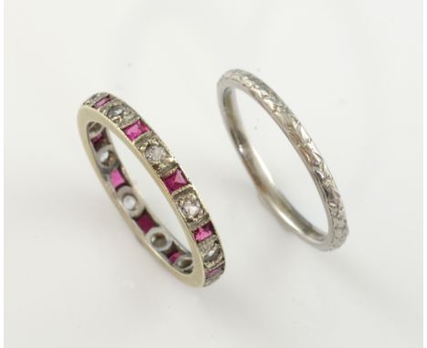 Edwardian white metal ring testing as platinum, ring size N 1/2 and an eternity ring, 9 ct synthetic ruby and paste stones, s