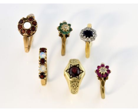 Collection of six gem set rings, sapphire and diamond cluster ring, mounted in 18ct, ring size K, with opal and garnet five s