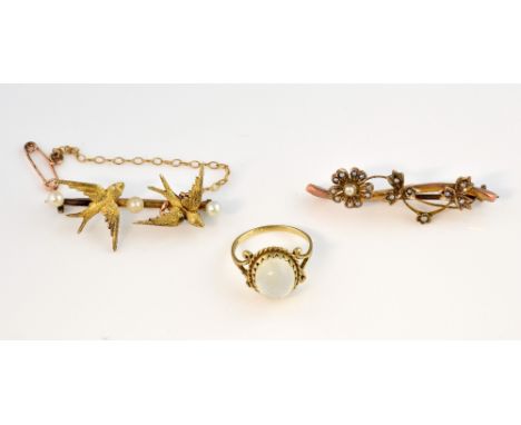 Selection Victorian of jewellery, seed pearl set pair of swallows bar brooch, with seed pearl floral brooch and moonstone rin