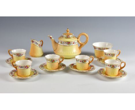 Royal Worcester blush ivory tea service date mark 1903, Tea pot, cream jug  sugar bowl and six cups and saucers.     Minor ch