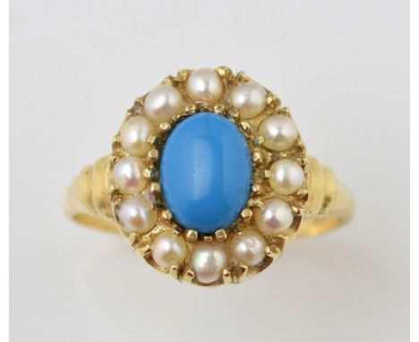 Turquoise and pearl cluster ring in 9 ct gold mount .     