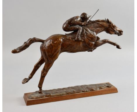 William Newton bronze of a race horse and jockey about to jump a fence 2/9 35cm long 31cm high .     Surface marks, scratches