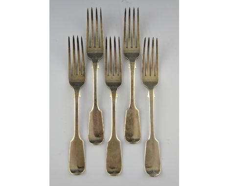 Set of four Victorian silver fiddle pattern table forks, by Chawner & Co., London, 1860, and another fiddle pattern table for