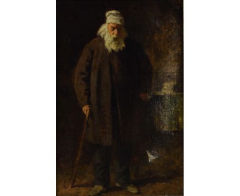 19th century full-length portrait of a bearded man wearing a white hat, unsigned, oil on canvas, 40.5cm x 27cm, .     