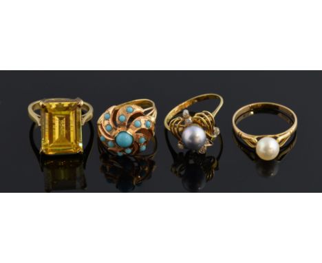 Four gold rings, including a turquoise ring, two 14ct gold pearl rings and a yellow stone ring in 9ct gold. marked 375,  Ring