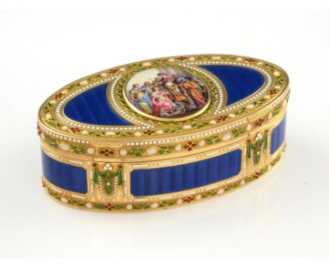 German enamelled gold snuff-box, Hanau, circa 1780, maker's mark LC, with crowned letter K, decorated with enamel panels, bea