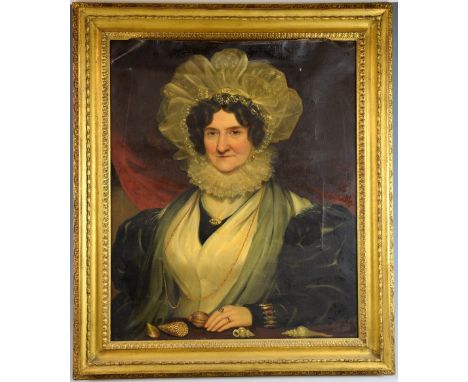 Portrait of an early 19th century lady in a lace mop cap and a ruff, with a small collection of sea shells, oil on canvas, 75