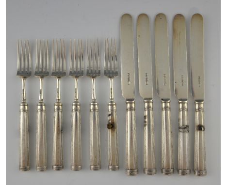 Part set of Edward VII silver five dessert knives and six forks, by Harrison Brothers & Howson, Sheffield, 1909, (filled hand