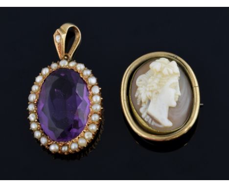  Amethyst and pearl set pendant in unmarked yellow metal,  and  a cameo brooch in gilt metal .     weight of amethyst pendant