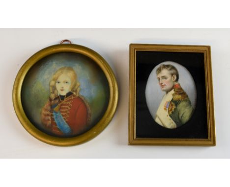 Portrait miniature, Napoleon, 8.5cm, and another of a young girl in a military jacket, 10.5 cm.     