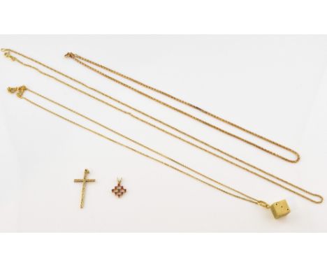 A fine fancy link rope chain,18 ct gold, two further chains, a dice, cross and ruby set pendants .     18 ct 4.1 grams, 9 ct 