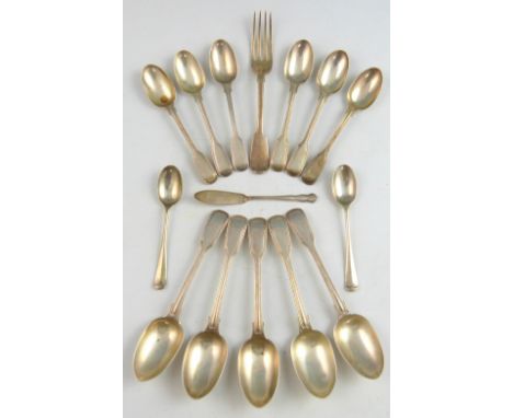 Five Victorian silver fiddle and thread pattern dessert spoons, and six tea spoons, by Chawner & Co., London, 1853/4, dessert