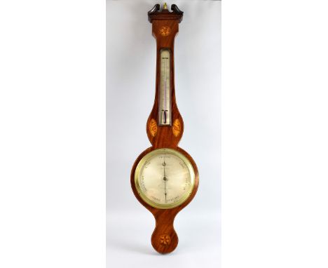 Mahogany and marquetry inlaid wheel barometer with thermometer, the silvered dial signed P. Barnaschini, Norwich. 98cm.     