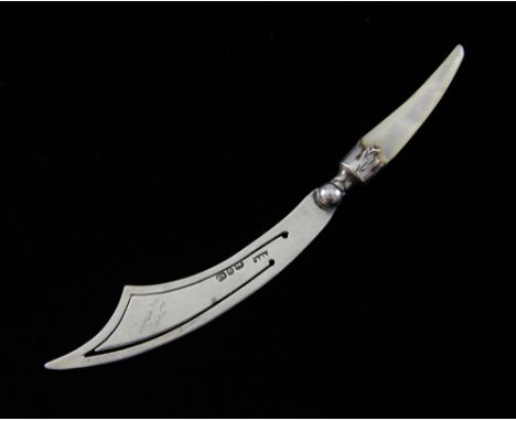 Scimitar silver bookmark with mother of pearl handle, 9.5 cms gross weight 4.5 grms.     