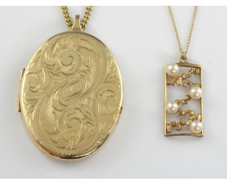  Group of gold jewellery, an engraved oval locket, 5 x 3.5 cm, a pearl set pendant and two chains, 9 ct gold  .     Gross wei
