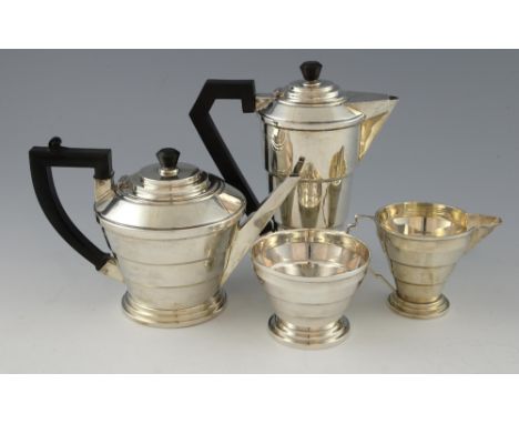 George V silver Art Deco four-piece tea and coffee service, by A.L Davenport, Birmingham, 1933/34, comprising teapot, coffee 