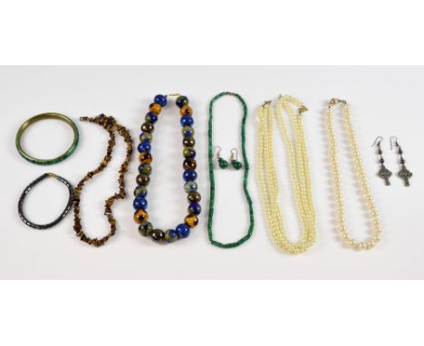 A collection of costume jewellery, including malachite earring, necklace and bangle, faux pearl necklace with silver pearl cl