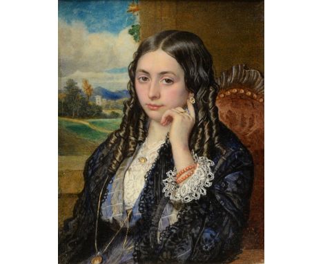 19th century portrait miniature on ivory of a seated young woman, her hair in long ringlets with continental landscape throug