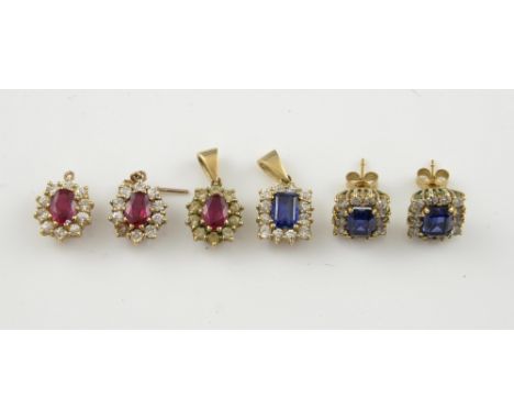 Sapphire cluster pendant and earring set, emerald cut sapphires surrounded by round cut paste stones, with ruby and paste clu