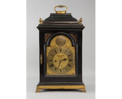 18th century ebonised bracket clock, the silvered chapter with Roman and Arabic numerals, and date aperture, signed Jo's Pete
