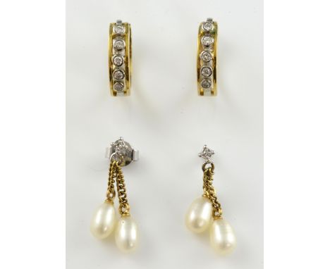 Diamond set hoop earrings set in 18 ct gold and  a pair of diamond and pearl drop earrings, in 9 ct white gold  .     pearl e