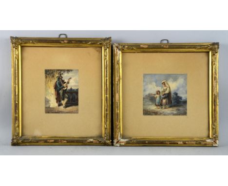 J. Vogel, pair of 19th century watercolours, the first depicting a man playing a lute, the other of a woman and child on a co