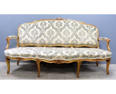 Louis XVI style gilt framed sofa with upholstered seat and back 193cm long.     