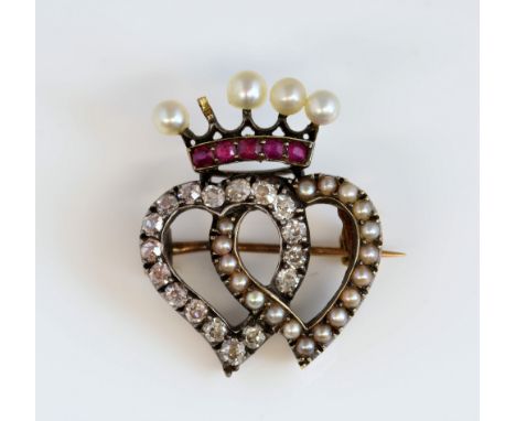 Victorian old cut diamond and pearl witches heart brooch, with one diamond set heart and one seed pearl set heart, surmounted