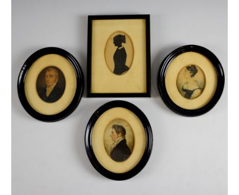 Three early 19th century watercolour portrait miniatures and a silhouette..     