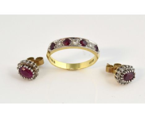 Ruby and diamond ring and matching cluster earrings, four round cut rubies, alternately set with round brilliant cut diamonds