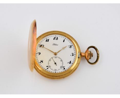 Beleco full hunter pocket watch, white dial Arabic numerals with sub dial, mechanical movement, with engine turned 14 ct yell