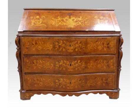 19th century continental serpentine walnut bureau with floral marquetry inlaid decoration, the fall flap enclosing pigeon hol