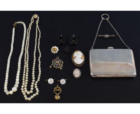 Group of jewellery including a Austro Hungarian pendant, jet earrings, cameo brooches, faux pearl and mother of pearl necklac