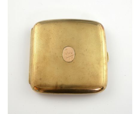 Asprey  gold cigarette case, engine turned decoration, with plaque to cover dated 1919,9 ct gold hallmark for Chester 1918, 9
