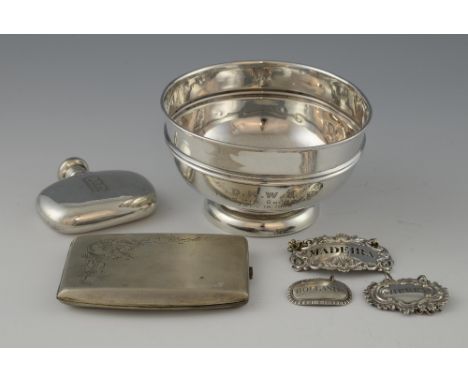 Edward VII silver perfume bottle with screw cap, by Saunders & Shepherd, Birmingham, 1902, silver bowl, cigarette case and th