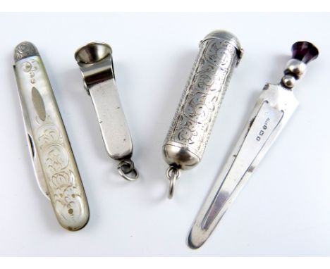 Edward VII silver cheroot holder case with engraved decoration, by Adie & Lovekin Ltd., Birmingham, 1907, a bookmark by the s