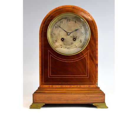 Early 20th Century mahogany and satinwood cross banded mantel clock with two train movement striking on a gong  - 36 x 27 cm 