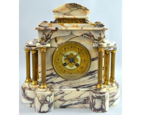 Early 20th century pink marble twin train mantel clock in architectural form case, 32cm x 38cm.     