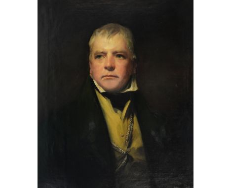 In the manner of Sir Henry Raeburn, portrait of Sir Walter Scott, half-length, H. Paton framer's Edinburgh label verso, W. Fr