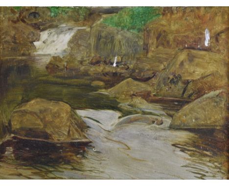 Attributed to Sir Alfred East, study of a River, unsigned oil on board, landscape sketch to verso and hand written label - 34