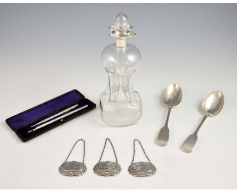 Set of three modern silver decanter labels, 'SHERRY', 'BRANDY' and 'SCOTCH', with shell and scroll moulded borders, by S J Ro